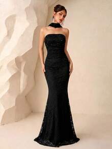 Elegant Women's Black Sleeveless Beaded Lace Mermaid Dress, With Zipper, Long Formal Evening Gown Wedding Party - Black - View 3
