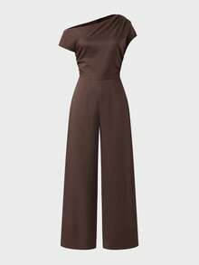 Solid Color Off-Shoulder Minimalist Fashion High-Waist Wide-Leg Jumpsuit, Elegant Jumpsuit For Women, Summer Holiday Outfits Brown - Brown - View 5
