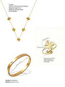VceTd 1/3/4PCS Fashion Four-Leaf Clover Element Stainless Steel Women's Jewelry Set, Suitable For Daily Wear Or Holiday Gift - Yellow Gold - View 12