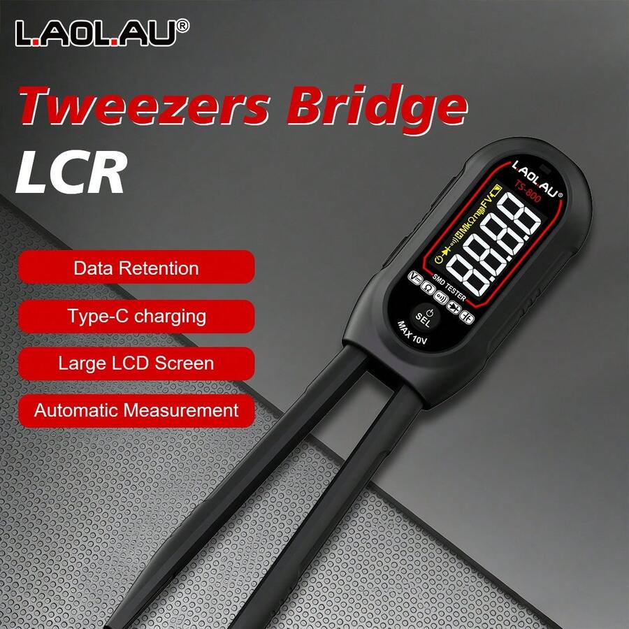 L.A.OL.A.U LAOLAU TS-800 Smart Tweezers SMD Tester Multimeter Digital Pengidentifikasi Otomatis Resistor Kapasitor Dioda Indikator Probe Berlapis Emas Tweezers Bridge Tester Pengisian Daya Tipe-C Layar LCD Besar Penahan Data Alat Pengukuran Komponen Elektronik