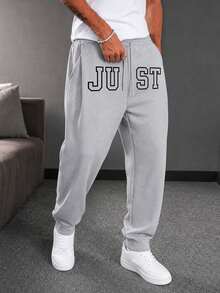 Men's Letter Patterned Jogging Pants With Pockets, Elastic Drawstring Waist, Streetwear Pants Sports - Grey - View 9