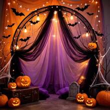 2/3 piezas de malla decorativa multicolor de Halloween, combinación múltiple de negro, naranja y púrpura profundo, decoración de gasa de terror de Halloween, tela espeluznante de Halloween, adecuada para casa embrujada, fiesta de Halloween, patio, pared, entrada, decoración navideña al aire libre, eventos de Halloween, Navidad y suministros para fiestas - Malla para fiesta de Halloween - Ver 2