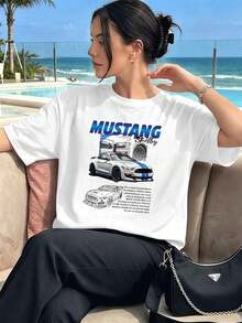 Shirt In Cotone With Graphic Mustang Shelby, Primavera, Cotone Morbido, Girocollo, Vestibilità Comoda, Stile Street Hip-Hop - White - View 1