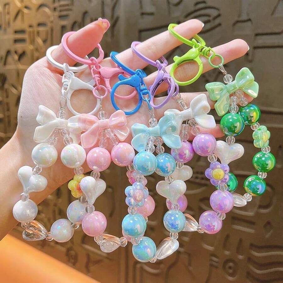 Candy Color Bow Beaded Phone Chain, Heart & Flower Acrylic Bead Wrist Strap, Detachable Round Ring Phone Case Charm, Bag Pendant, Keychain Accessory, Sweet Girl Gift, Sold Individually - Multicolor - View 1