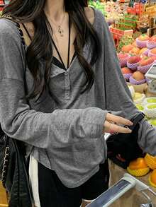 Comfortable Women's Long Sleeve Henley Shirt, Grey Polyester High Elasticity T-Shirt, Casual Regular Fit, Suitable For Daily Wear - Grey - View 1