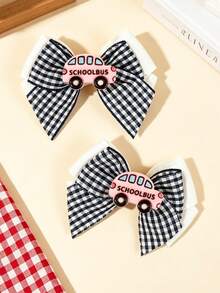 2/6pcs Plaid Print Double Layer Bow Hair Clips, Cute Cartoon School Style Hair Accessories, Suitable For School And After School Wear, Gift Choice For Back To School And Graduation Season - Multicolor - View 7