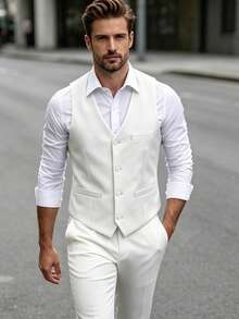 Chaleco de traje para hombre de corte slim, color liso, cuello en V, abotonado sencillo, separado, para uso diario, oficina, negocios, boda y fiesta - Blanco - Ver 9