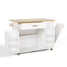 Mobile Kitchen Island With Folding Worktop, Trolley, Storage Cabinet, Bin Cabinet, Shelf Above The Door, Lockable Casters, 130 * 45 (70) * 93 Cm. - White + Wood Tone - View 7