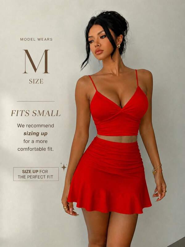 Conjunto de 2 piezas para mujer, falda mini ajustada, camiseta de tirantes finos con cuello en V, elegante rojo de verano, gran transfronteriza