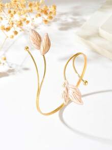 1pc Casual Minimalist Gold Leaf Oil-Drip Metal Arm Cuff, Niche Design Adjustable Open Cuff Bracelet Body Chain For Women, Party, Prom, Holiday, Gift For Best Friend - Meat Powder - View 4