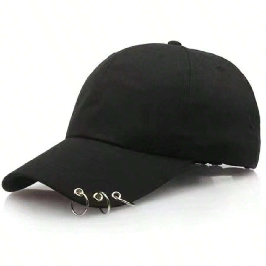 1pc Hip Hop Metal Ring Decor Baseball Cap, Unisex Pure Black Adjustable Sun Protection Dad Hat, Teen Street Punk Style Accessory Hat - A - View 1