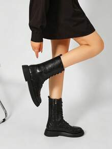 Women's Lace-Up Side Zipper Boots, Thick Sole Motorcycle Boots, Flat Mid-Calf Boots - Black - View 4