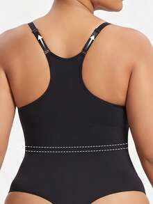 Black Plus Size Bodysuit With Spaghetti Strap Neckline Back-Enhancing Knitted Fabric Sleeveless Cami Style Summer - Black - View 2