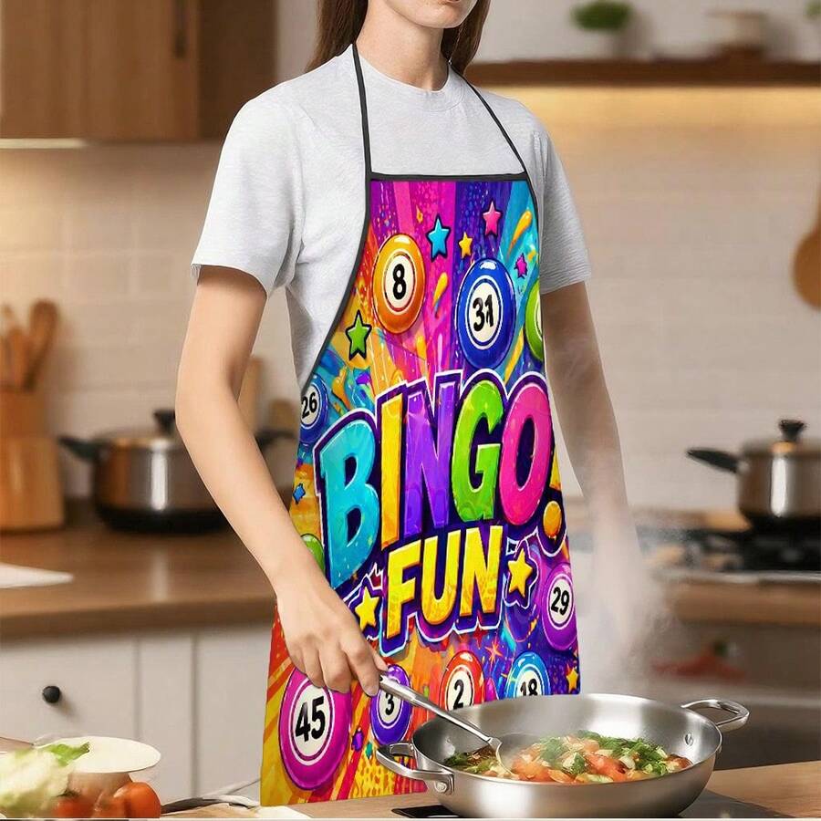 1pc Bingo Fun Apron With Adjustable Waistband And Colorful Printed Bib - Durable And Easy To Clean Polyester Material, Suitable For Kitchen Cooking, Gardening, Orchard Picking, Christmas, Halloween And Other Occasions