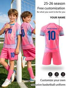 Customizable New Pink Soccer Jersey Set #10, Personalized Name Customization, Polyester And Spandex Crew Neck Top With Slight Stretch, Unisex, Suitable For Soccer Party, Weekend Casual, Running, Yoga, Hiking -- Spring/Summer Sportswear, Suitable For Outdoor Activities, Breathable - Pink - View 3
