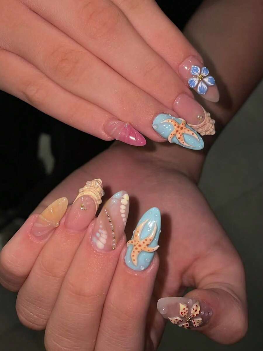 24pcs/Set French Almond Ocean Style Elegant 3D Starfish Waterdrop Flower Press On Nails, Pearls And Rhinestones Design,Full Cover False Nails Tips Add A Touch Of Romance, Press On Nail,Making You Look Sweet And Perfect For Daily Dates - Multicolor - View 1