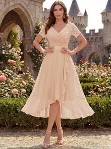MIUSOL V-Neck Sequin Lace Patchwork Chiffon Ruffle Hem Elegant Ball Party Full Skirt, Suitable For Wedding Guests, Dinner Summer - Champagne - View 7