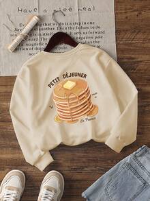 1pc Young Boy Round Neck Sweatshirt French Pancake Butter Hand-Painted French Print Loose Fit Spring Autumn Daily Casual Wear Light Apricot Healing Versatile Kids Clothing - Apricot - View 2