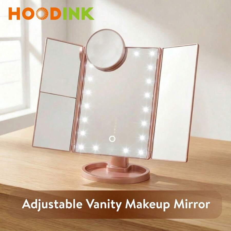 HOODINK Makeup Mirror, Tri-Fold Lighted Adjustable Vanity Makeup Mirror With 21 LED Lights, Touch Screen And 10X/3X/2X/1X Magnification, Two Power Supply Modes Make Up Mirror, 360° Rotation, Top Valentine's Day Gifts For Her(Rose Gold) - 玫瑰紅 - 查看 1