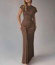 CALEBGAR Women's Elegant Mock Neck Short Sleeve Twist Front Ruched Bodycon Maxi Dress - Brown - View 6