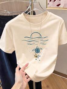Impala Women's Short-Sleeved Printed T-Shirt, Spring Clothing, Holiday Outfit, White For Summer, Beach Look, Vacation, Country Style, Women's Office Outfit. - 杏色 - 查看 8
