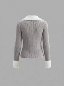 Sweater Wanita Kasual Sehari-hari, Esensial untuk Perjalanan Harian, Minimalis, Kombinasi Warna, Leher V, Lengan Panjang, Resleting Ganda, Potongan Ramping, Serbaguna, Musim Gugur/Dingin - MultiWarna - View 4
