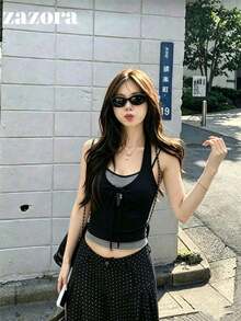 性感設計女款修身顯身材條紋拼接短版 2 合 1 吊帶背心上衣 夏季服飾 黑色 - 黑色 - 查看 1