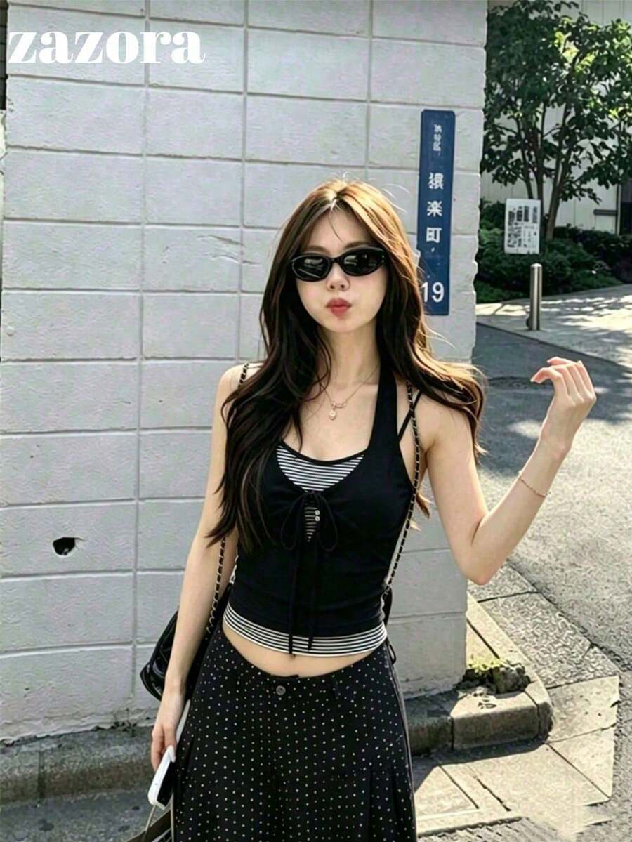 性感設計女款修身顯身材條紋拼接短版 2 合 1 吊帶背心上衣 夏季服飾 黑色 - 黑色 - 查看 1