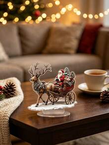 2D Flat Acrylic Santa Claus Reindeer Sleigh Desktop Sign, Vintage Christmas Tabletop Decor, Suitable For Coffee Table, Side Cabinet, Office, Fireplace, Christmas Home Gift (Non-3D) - A - View 3