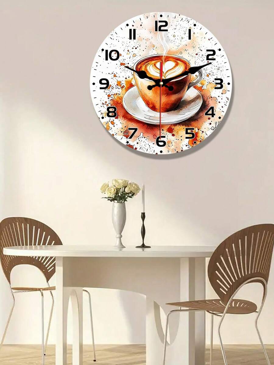 A Cup Of Coffee Backdrop Clock - 10/12inch Wood Veneer Europe And America Style Round Silent Flat Wall Clock - Batteries Not Included - Add Joyful Time To Your Study Or Living Room, Perfect Gift For Sending Friends, Family, Colleagues And Others - A - View 1