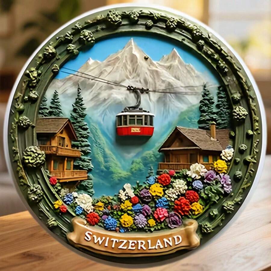 瑞士纜車與野花花環磁鐵,紅色小屋滑過盛開的山峰,適合家中所有金屬表面的紀念品 - A - 查看 1