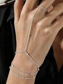 1pc 3-Layer Beaded Chain Fashion Minimalist Multi-Layer Stackable Finger Chain Back Hand Chain High-End Versatile Hand Jewelry Suitable For Girls And Women (Random Bead Quantity) - Gold - View 2
