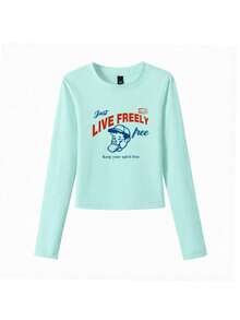 Mint Green Long Sleeve T-Shirt For Women, 2026 New Slim Fit Letter Print Design Short Base Layer Top Casual - Mint Green - View 6