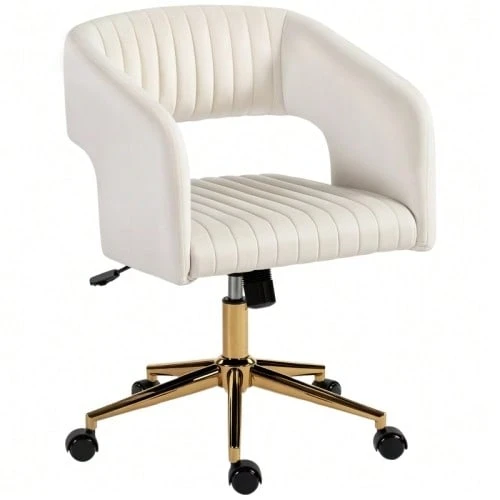 Office Chair With Casters, Velvet-Look Upholstery, Height Adjustable And Tiltable, Cream White - White - View 1