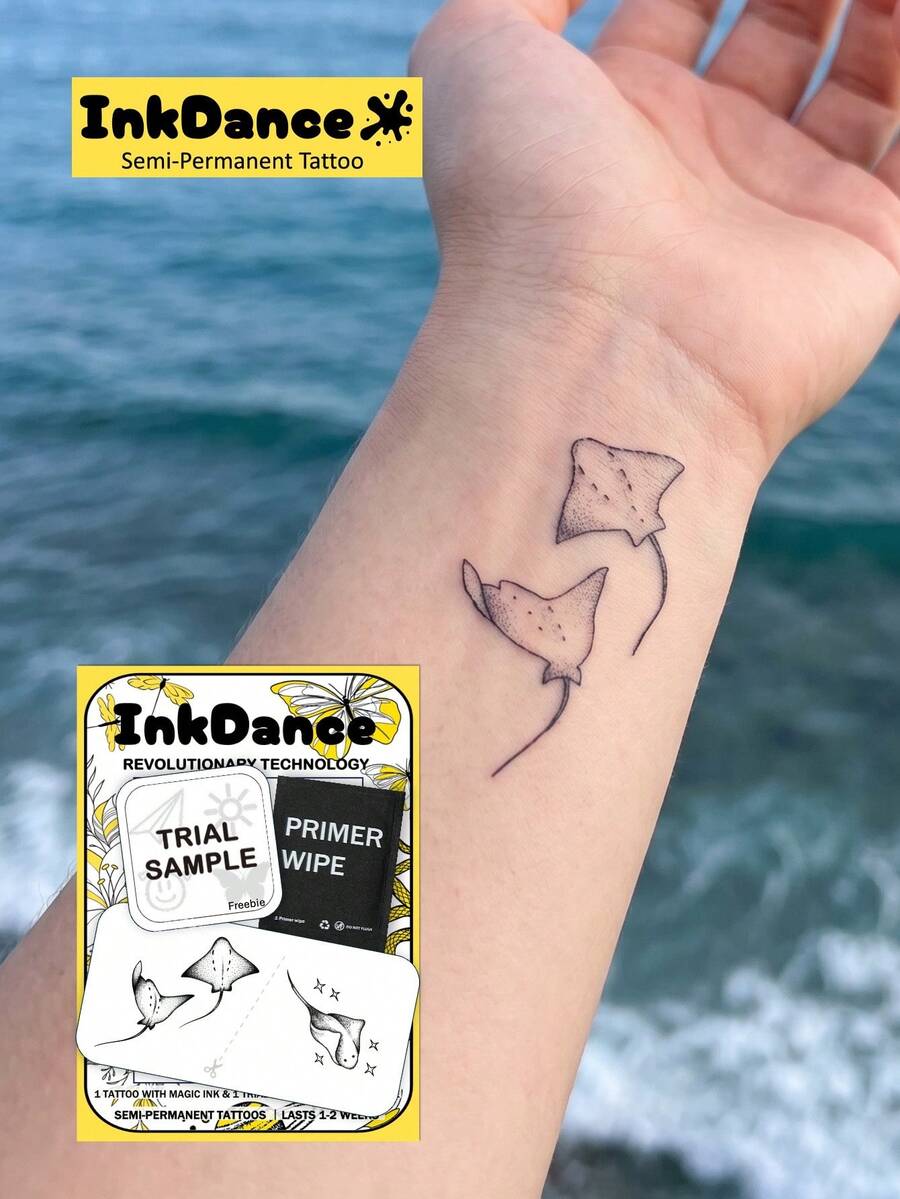 1 Set "Manta Ray" New Technology Tattoo Stickers, Semi-Permanent, Stingray, Ocean Inspired, Minimalist Fine Line, Temporary Tattoo, Realistic Design, Waterproof & Long Lasting, Plant-Based Formula, InkDance, Ink Dance, Gift X050 - Black - View 1
