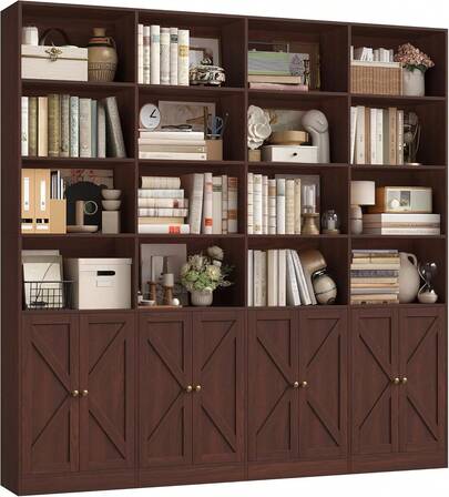 Estantería de estilo granja de 70.9 pulgadas de ancho, gran librería de 6 niveles con 8 puertas y 18 estantes de almacenamiento, gabinete organizador de estanterías altas para sala de estar, estudio, oficina y entrada,