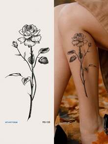 1pc Black & White Minimalist Aesthetic Rose Pattern Temporary Tattoo Sticker, Waterproof Body Skin Tattoo For Party, Holiday, Concert, Arm, Shoulder, Neck, Collarbone, Back, Leg - Black - View 1