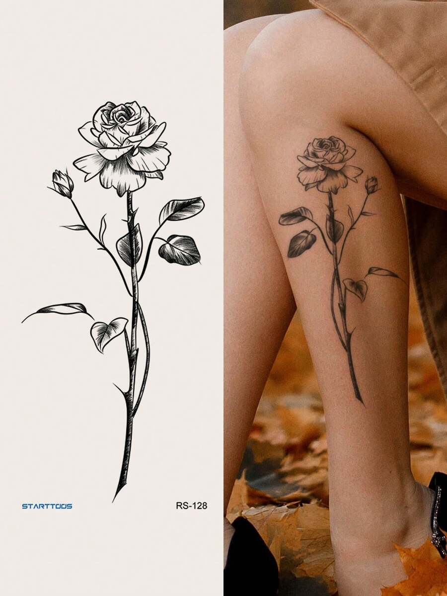 1pc Black & White Minimalist Aesthetic Rose Pattern Temporary Tattoo Sticker, Waterproof Body Skin Tattoo For Party, Holiday, Concert, Arm, Shoulder, Neck, Collarbone, Back, Leg - Black - View 1