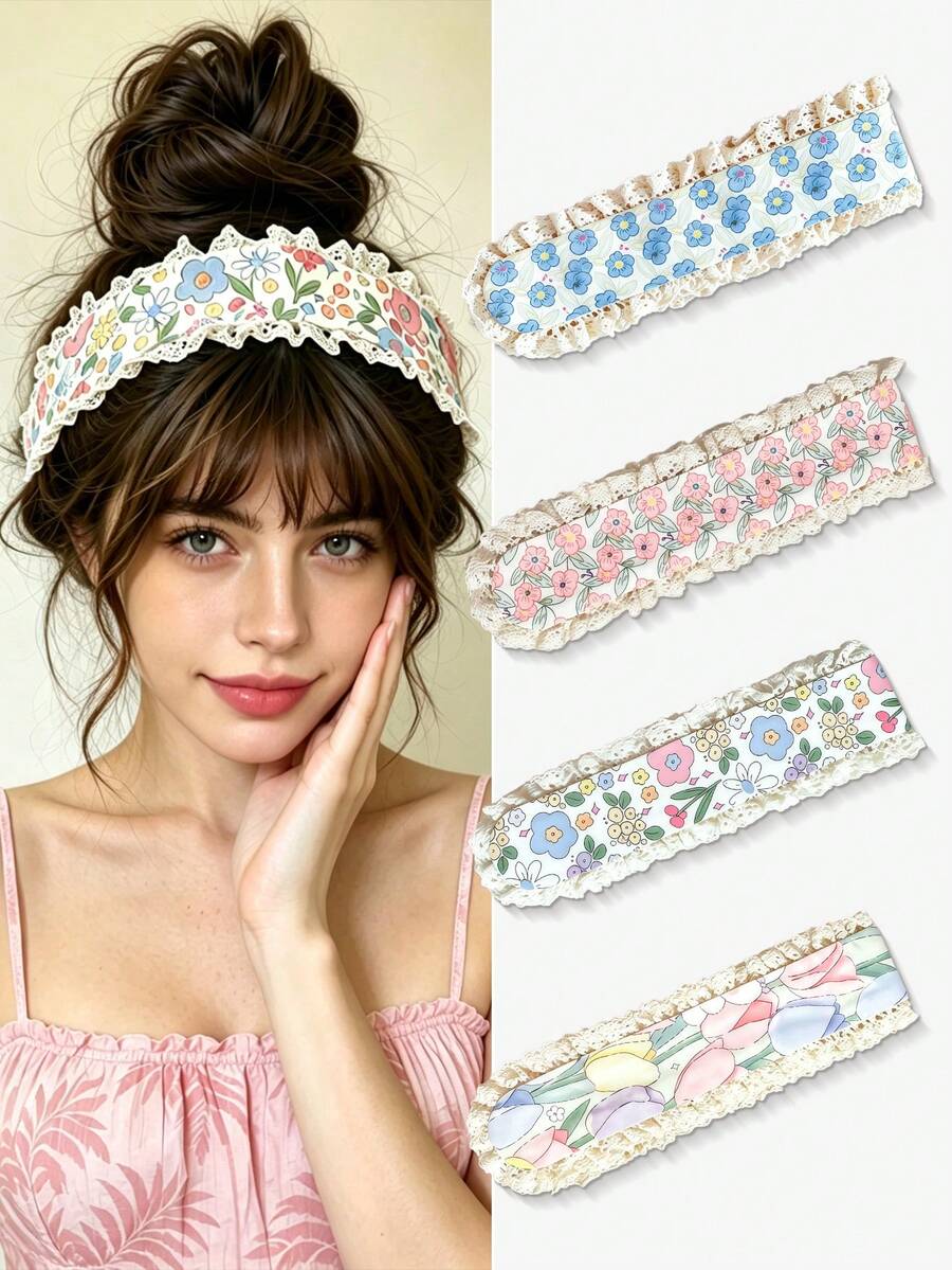 2/2/2/Pcs/Set Floral Lace Hook And Loop Hair Accessories, Pastoral Style - Suitable For Girls And Women, Applicable For Vacation, Date, Photography, Campus Activities, Etc., Random Color - Multicolor - View 1