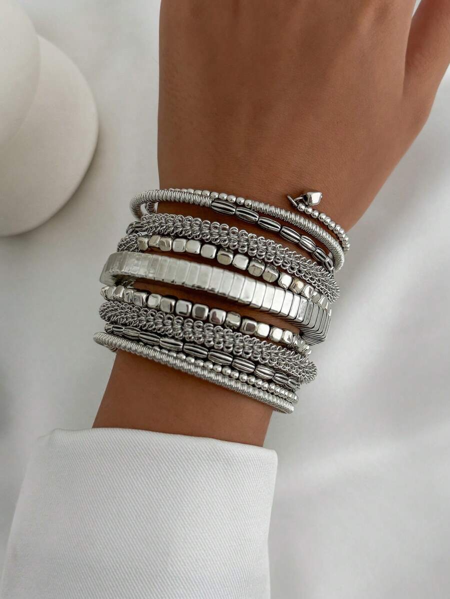 1pc Bohemian Vintage Multi-Layer Wrapped Beaded Bracelet, Gold Adjustable Spring Bracelet, Suitable For Women's Daily And Party Wear, Holiday Gift - Silver - View 1