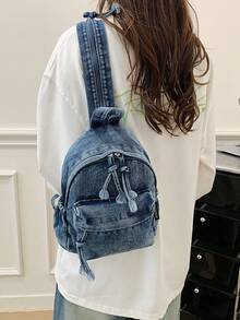 Denim Backpack For Female College Students, Simple Large Capacity Backpack, Essential Chest Bag For Women Commuting And Traveling - Dark Wash - View 5