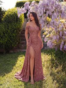Off-The-Shoulder Ruched Split Thigh Sequin Cocktail Party Long Prom Dress With Long Ribbon For Date Night And Ball - Dusty Pink - View 6