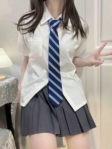 1件女款經典JK條紋領帶，手綁式學院風深藍色DK制服襯衫配件，日系基礎韓版日常配件，適合學生、青少年、Cosplay派對領帶配件、街拍及其他場合 - 藏藍色免打款 - 查看 6