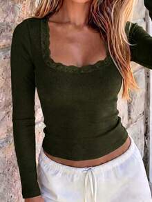 GAOVOT Women's Y2K Spring & Summer Sexy Casual Solid Color Lace Square Collar Knit Long Sleeve Top - Army Green - View 5