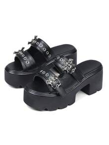Womens Platform Sandals Round Open Toe Chunky Heel Goth Slipper Metallic Buckles Slip On Home Beach Outdoor Casual Walking Summer Sandals For Women - 黑色 - 查看 7