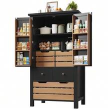 Kitchen Cabinet (80 X 40 X 140 Cm), Tall Sideboard, Multifunctional Sideboard, Storage Unit With Two Doors And Five Drawers, Black And White - 黑色 - 查看 11