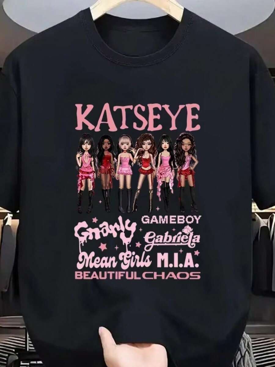 Daily Female Six Member Cartoon Character Pink Bold Letter Print Black Crew Neck T-Shirts Soft Smooth Fabric Short Sleeve Casual Regular Garment Style - Black - View 1