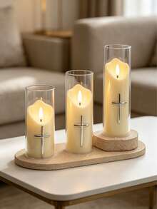 1pc Hot-Selling Cozy Creative Atmosphere Cross Electronic Candle Light Ornament, Decorative Small Lamp For Living Room, Bedroom, Bedside Table, Suitable For Multiple Scene Arrangements - Beige - View 1