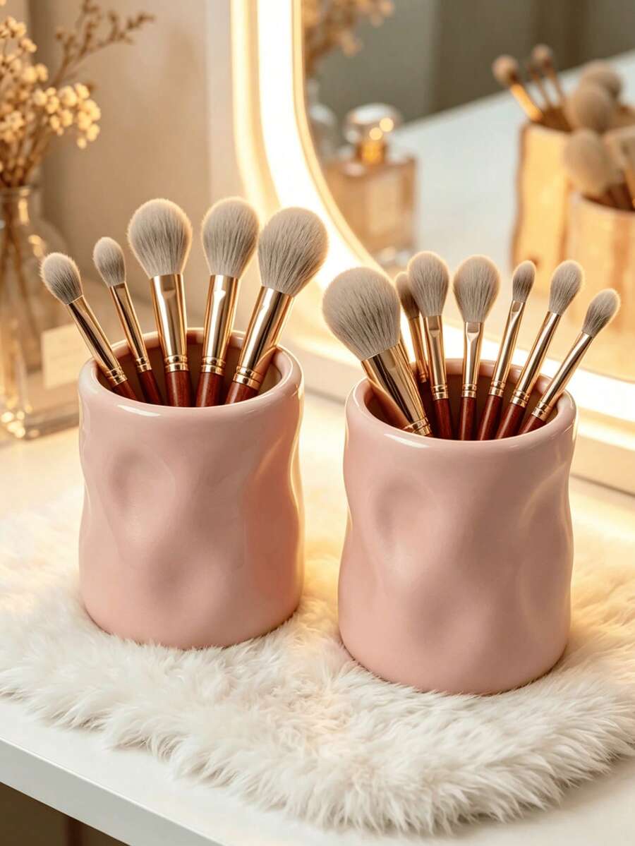 Large Capacity Makeup Brush Holder, Asymmetrical Wavy Pink Cosmetic Storage Box, Suitable For Vanity, Bathroom And Bedroom, Exquisite Desktop Organizer, Large Capacity Cosmetic Storage Cup, Smooth Glazed Vanity Organizer, Ideal Gift For Women, Home Decor - B - View 1