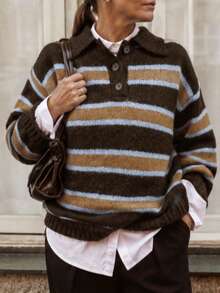 Women's Oversized Striped Polo Knit Sweater Long Sleeve Drop Shoulder Brown Knitted Fabric Button Detail Top For Fall - Brown - View 2